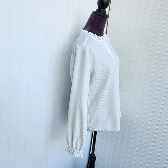 Ann Taylor Polka Dot Long Sleeve Blouse Satin Dots Ivory Off White Ruffle Neck M - Picture 4 of 11